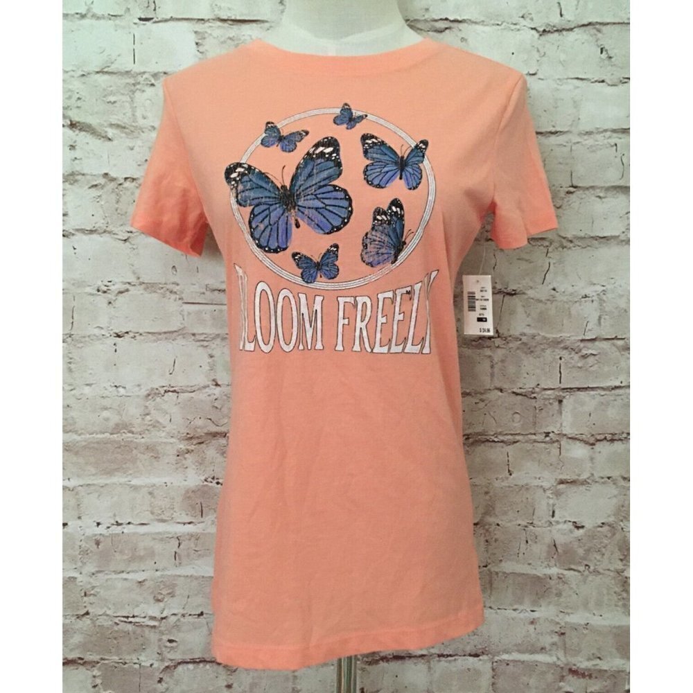 Aeropostale Womens M Classic Crew T- Shirt BLOOM FREELY Peach Orange Butterflies